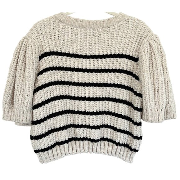 Designer Inspired Striped Puff Sleeve Cropped Sweater Cream/Black M Soft Knit - Picture 3 of 6